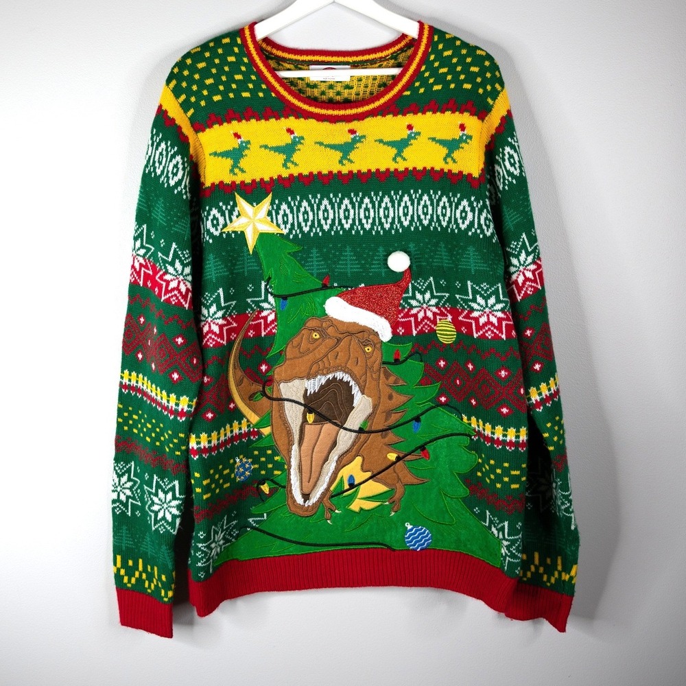 Holiday Time Christmas Sweater Mens Medium Green Excellent T-Rex Dinosaur Knit